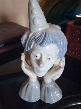 THINKING CLOWN by PAUL SEBASTIAN Glazed Porcelain Clown in White and Blue